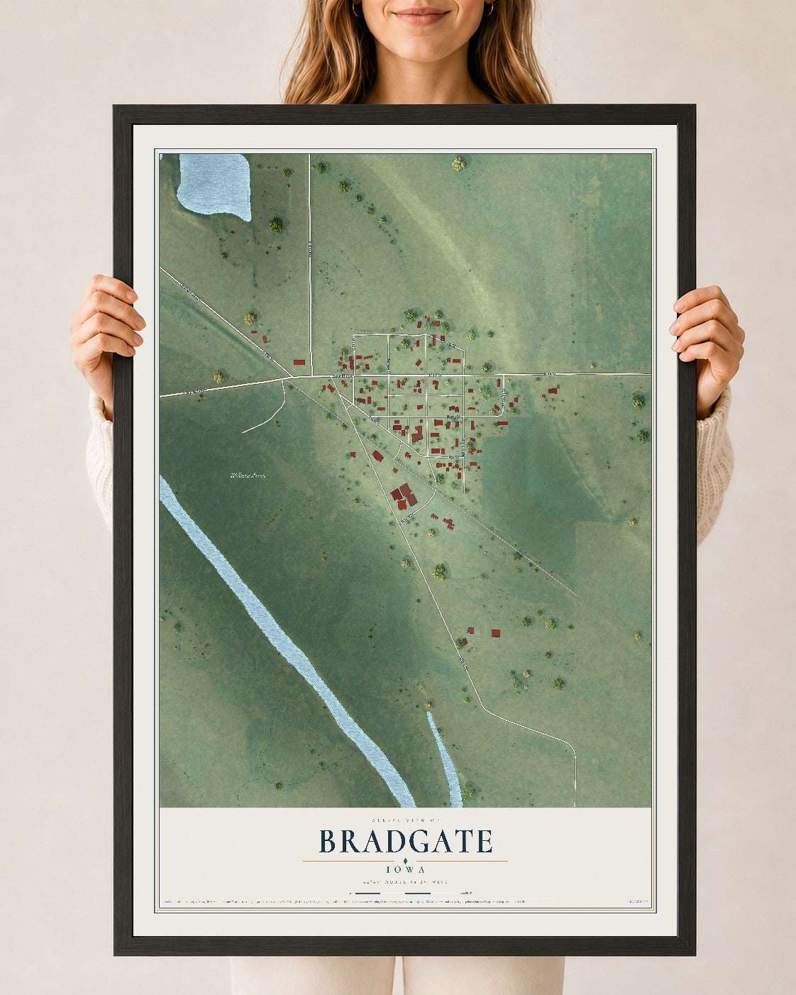 Map of Bradgate, Iowa, 24 x 36 inch print in a black wood frame
