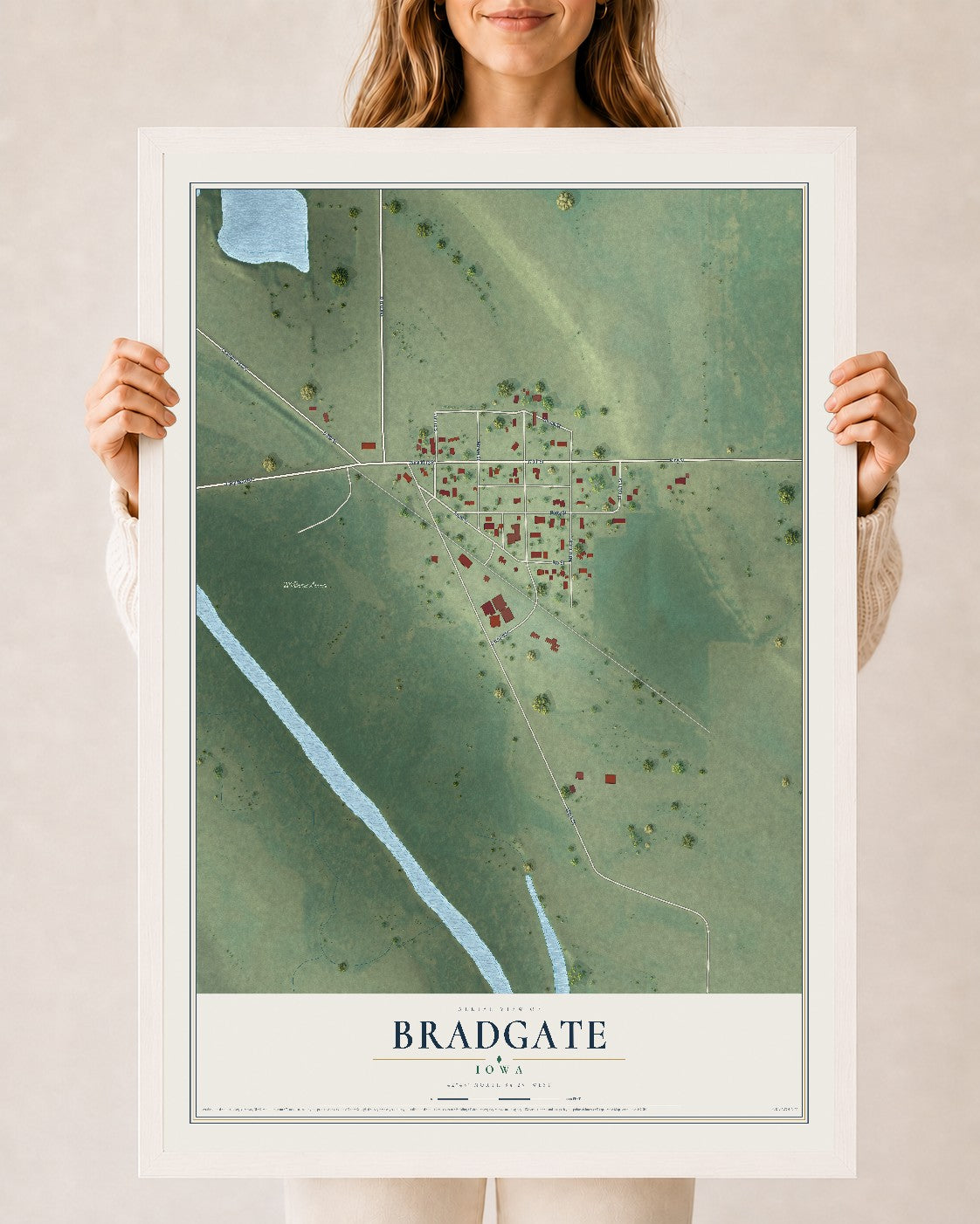 Map of Bradgate, Iowa, 24 x 36 inch print in a white wood frame
