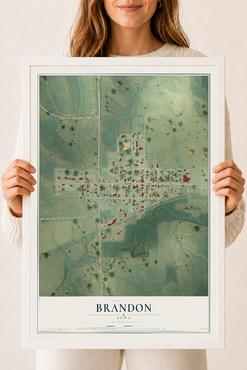 Map of Brandon, Iowa, 18 x 24 inch print in a white wood frame
