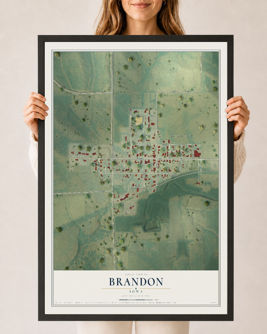 Map of Brandon, Iowa, 24 x 36 inch print in a black wood frame