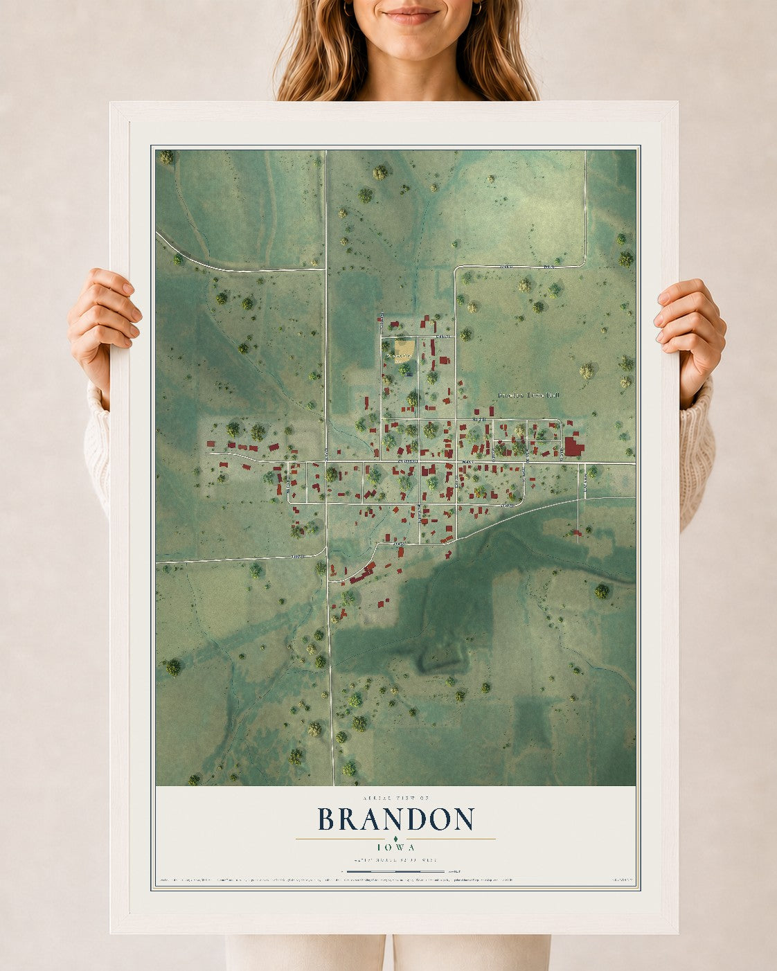 Map of Brandon, Iowa, 24 x 36 inch print in a white wood frame
