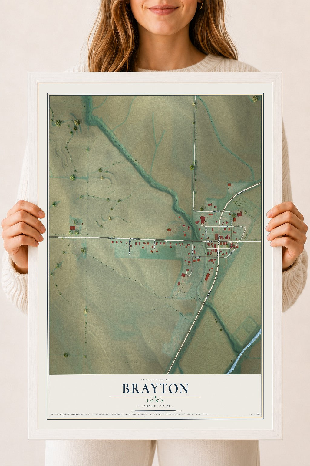 Map of Brayton, Iowa, 18 x 24 inch print in a white wood frame