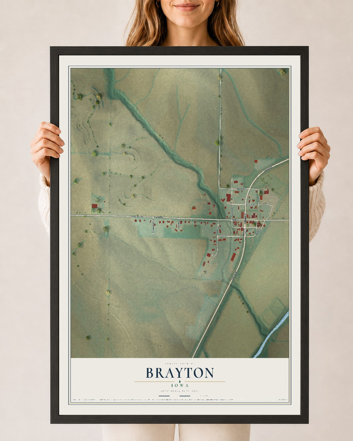 Map of Brayton, Iowa, 24 x 36 inch print in a black wood frame