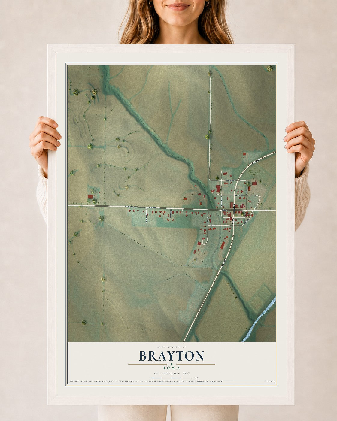 Map of Brayton, Iowa, 24 x 36 inch print in a white wood frame
