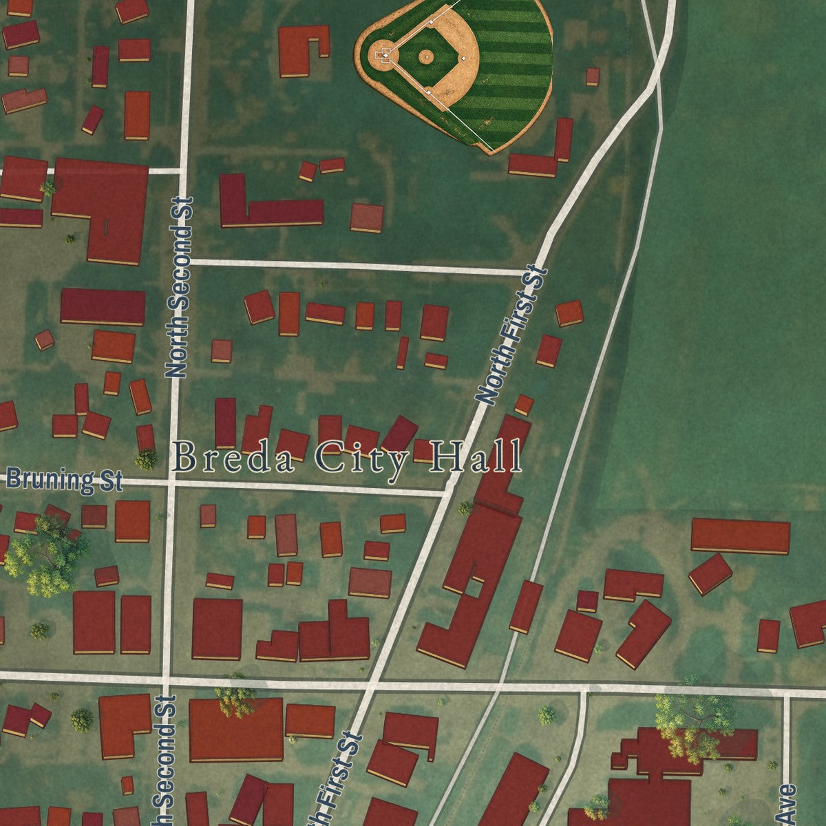 Close-up of the map of Breda, Iowa print showing street and building detail