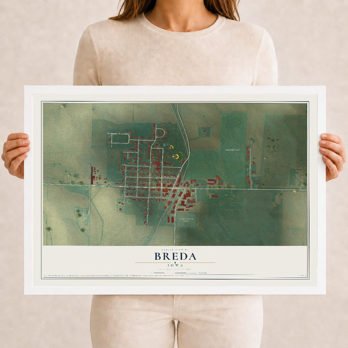Map of Breda, Iowa, 12 x 18 inch print in a white wood frame