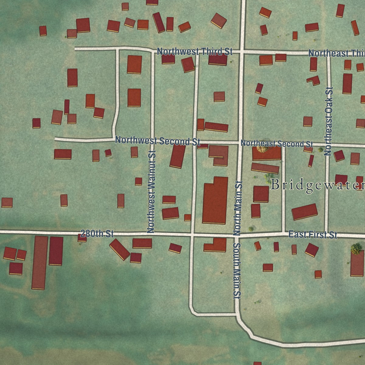 Close-up of the map of Bridgewater, Iowa print showing street and building detail