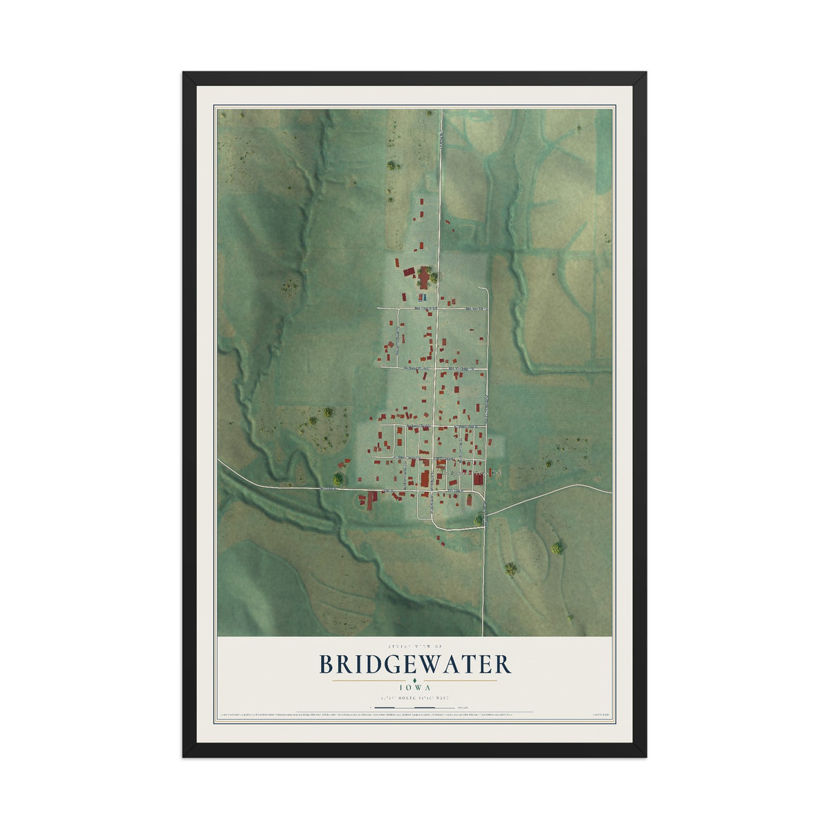Map of Bridgewater, Iowa, 12 x 18 inch print in a black wood frame