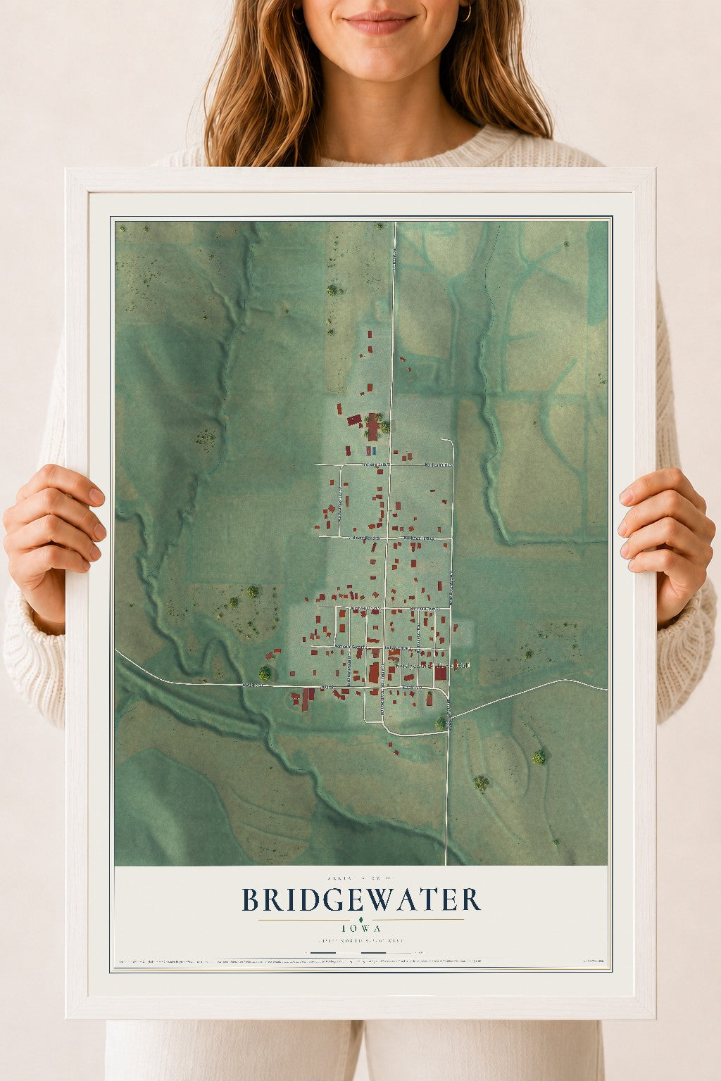 Map of Bridgewater, Iowa, 18 x 24 inch print in a white wood frame