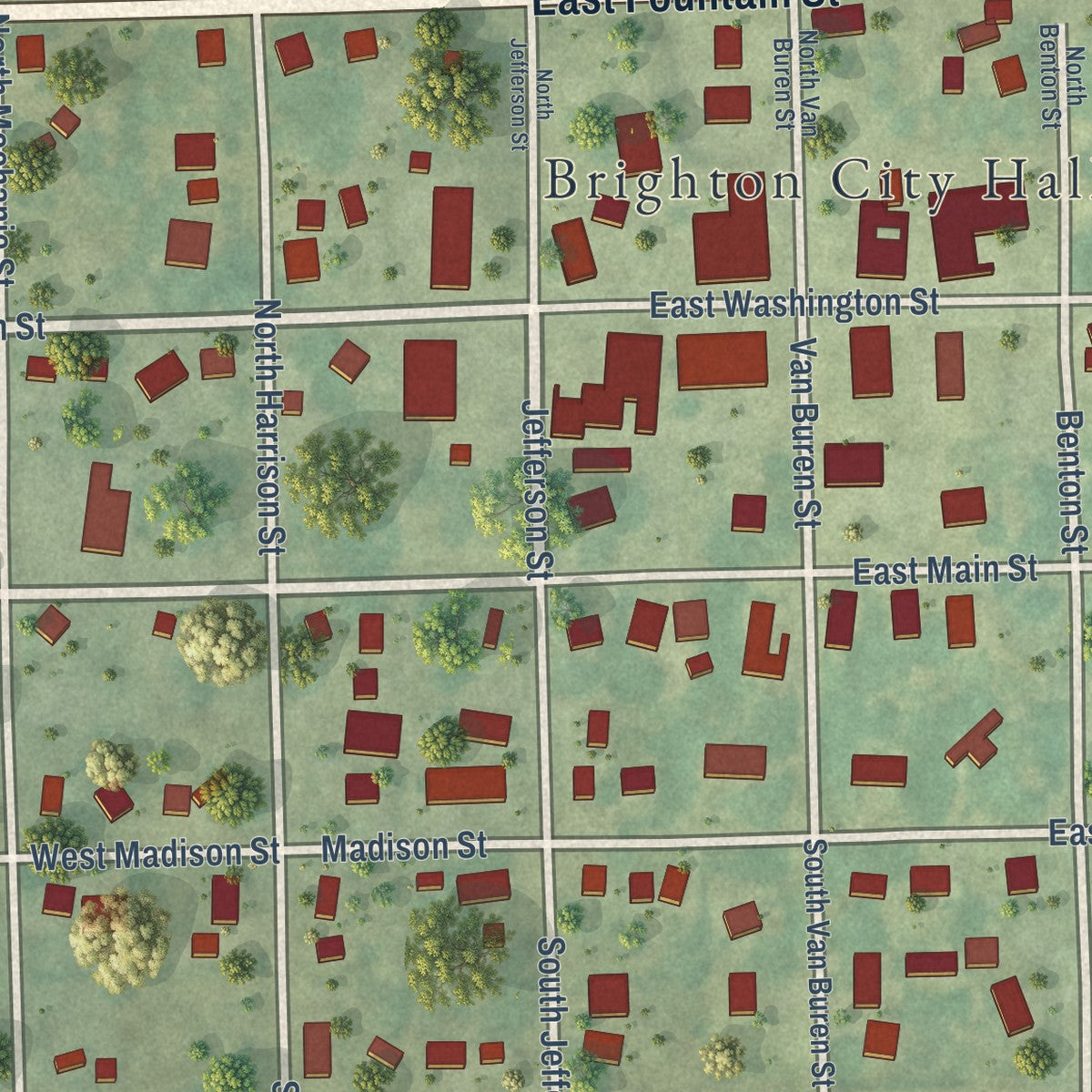Close-up of the map of Brighton, Iowa print showing street and building detail