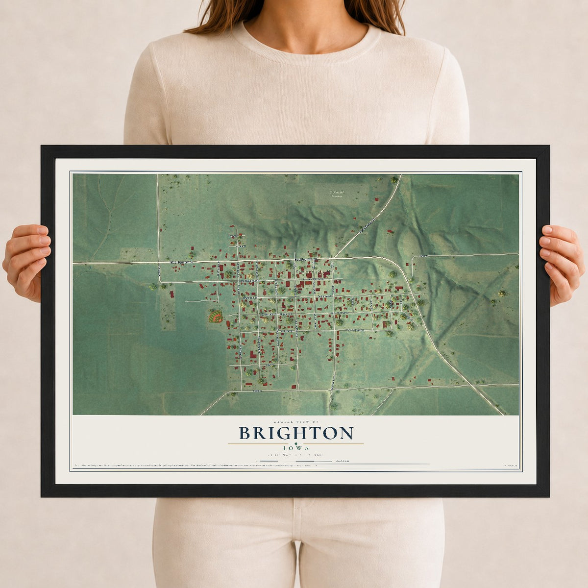 Map of Brighton, Iowa, 12 x 18 inch print in a black wood frame
