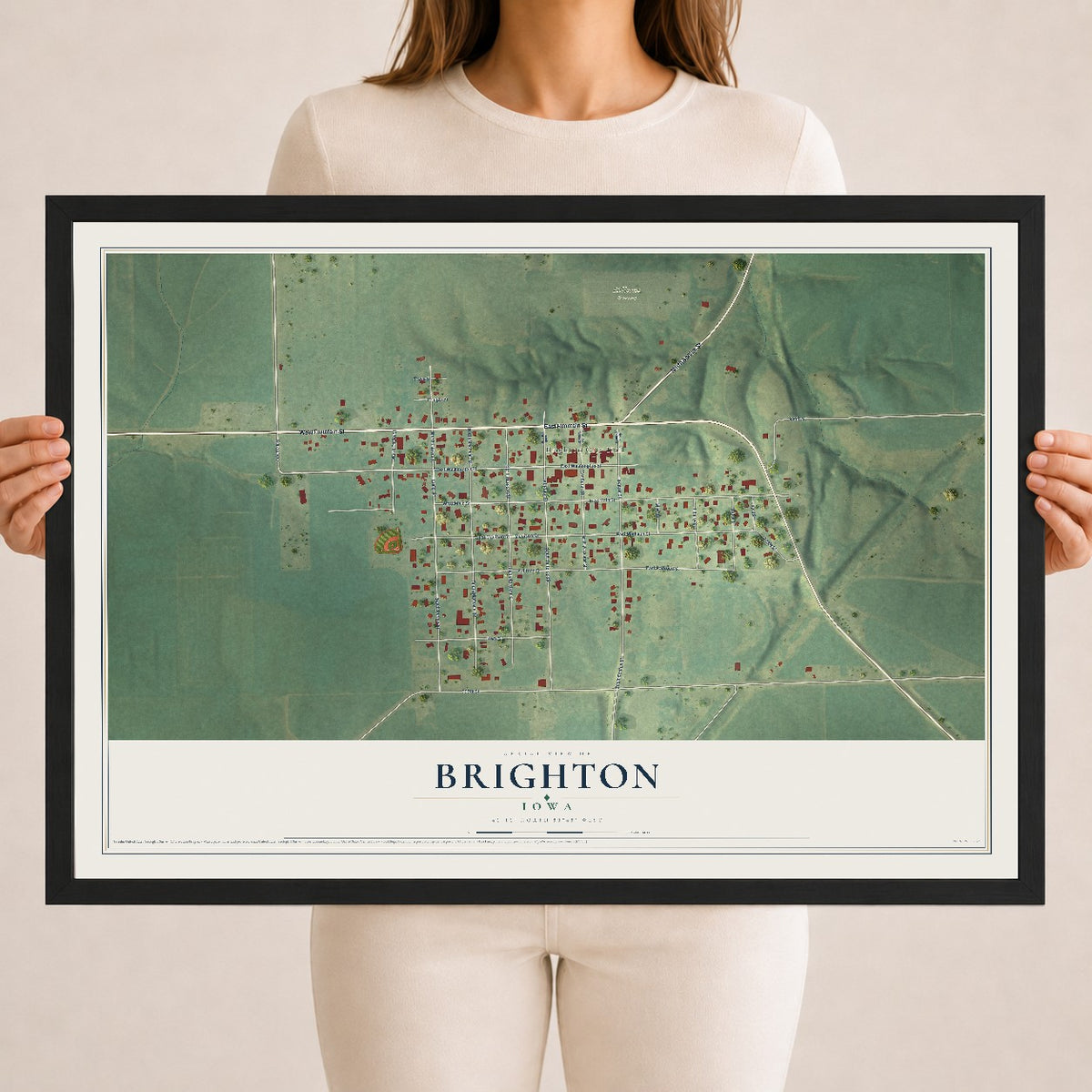 Map of Brighton, Iowa, 18 x 24 inch print in a black wood frame