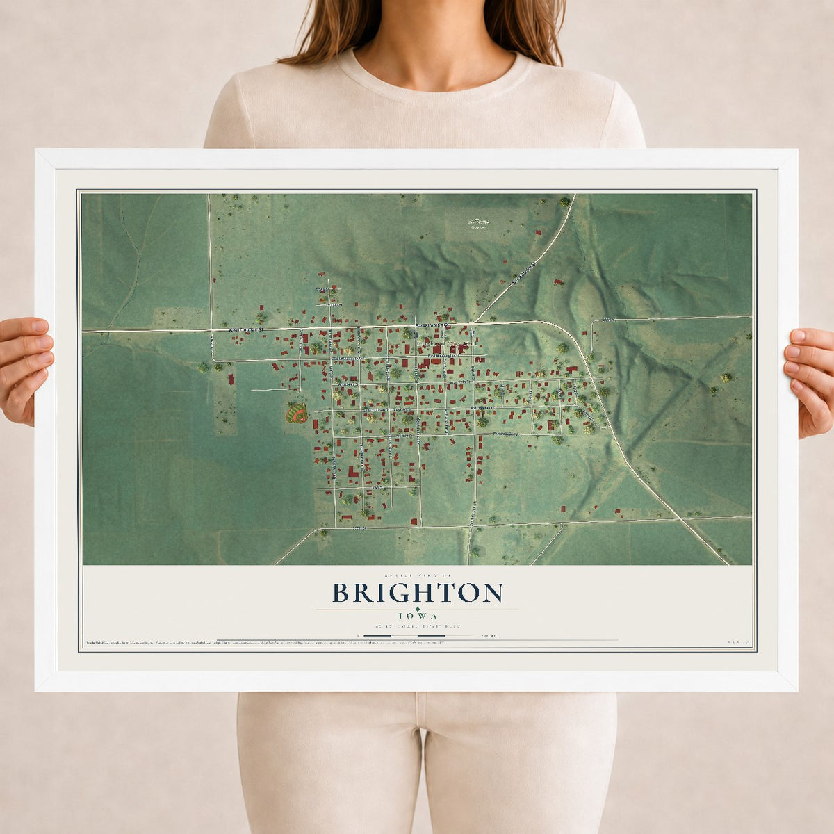 Map of Brighton, Iowa, 18 x 24 inch print in a white wood frame