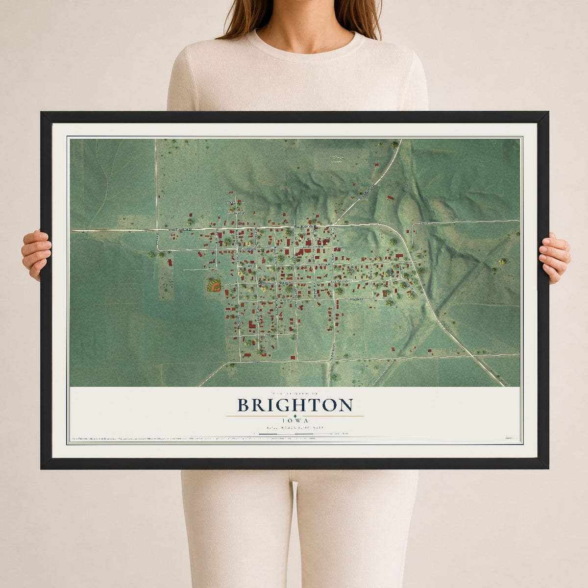 Map of Brighton, Iowa, 24 x 36 inch print in a black wood frame