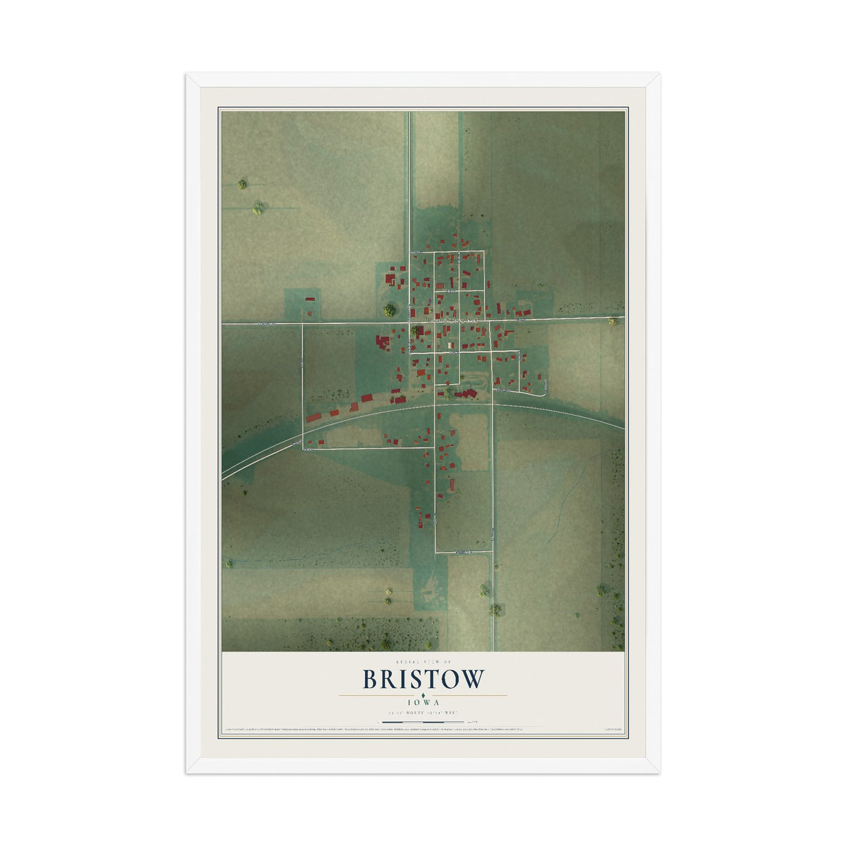 Map of Bristow, Iowa, 12 x 18 inch print in a white wood frame