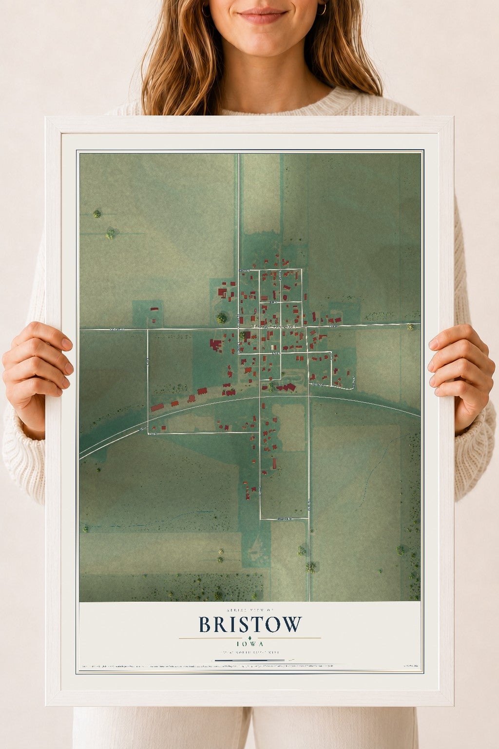 Map of Bristow, Iowa, 18 x 24 inch print in a white wood frame