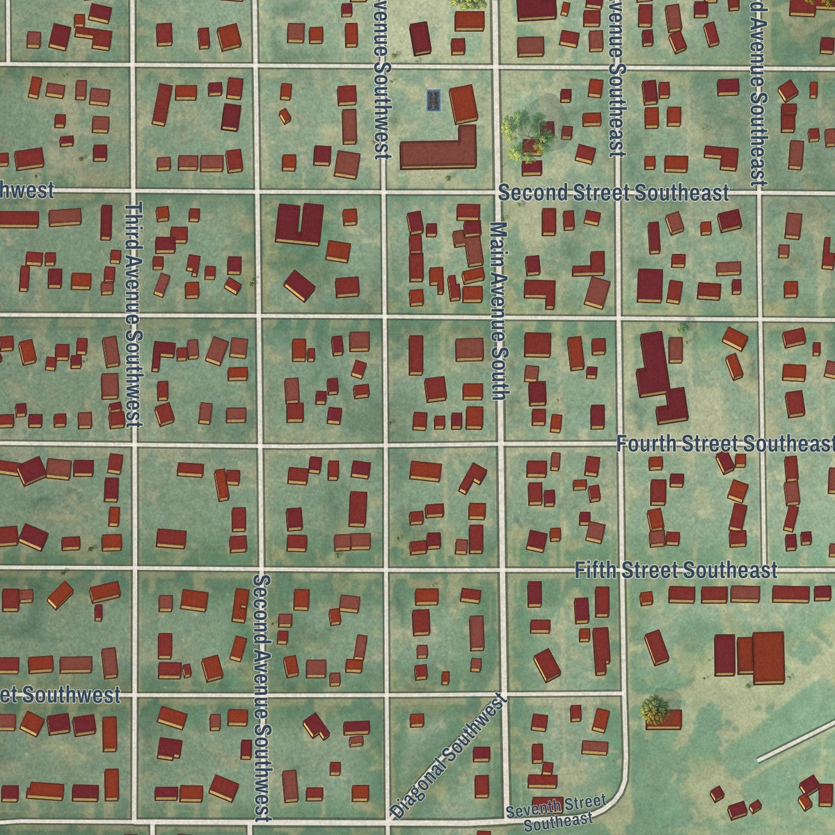Close-up of the map of Britt, Iowa print showing street and building detail