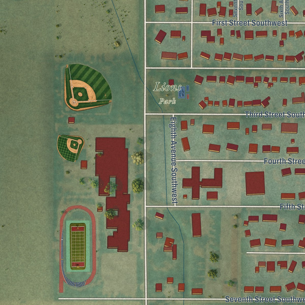 Second close-up of the map of Britt, Iowa print showing more streets and buildings