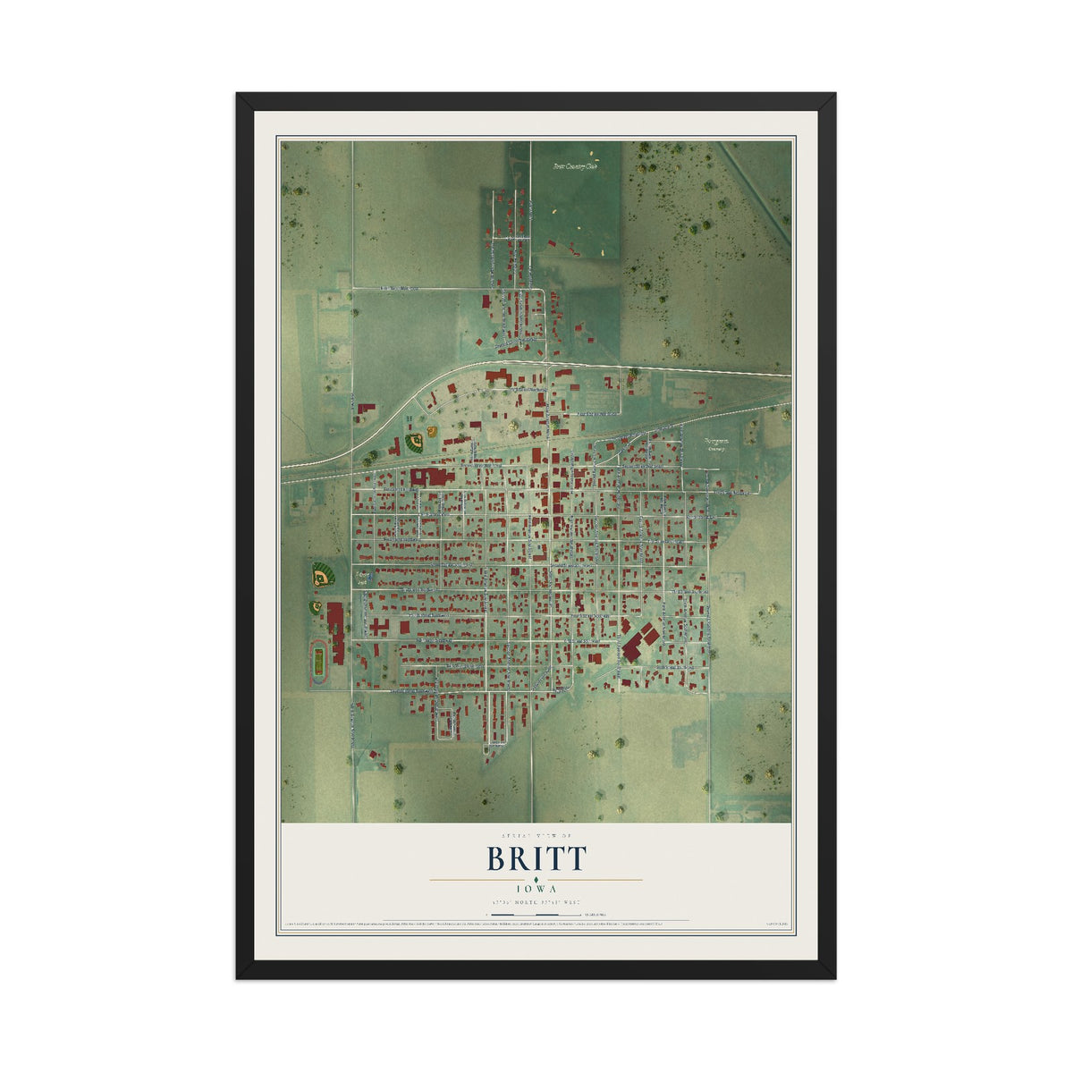 Map of Britt, Iowa, 12 x 18 inch print in a black wood frame