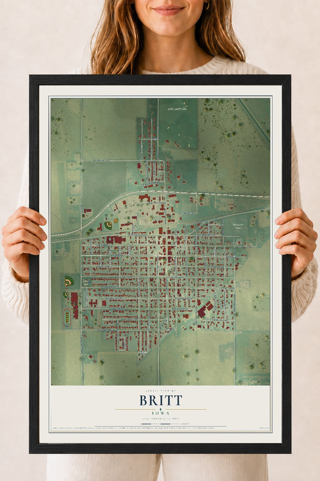 Map of Britt, Iowa, 18 x 24 inch print in a black wood frame