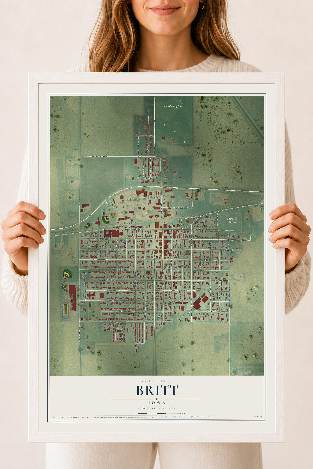 Map of Britt, Iowa, 18 x 24 inch print in a white wood frame