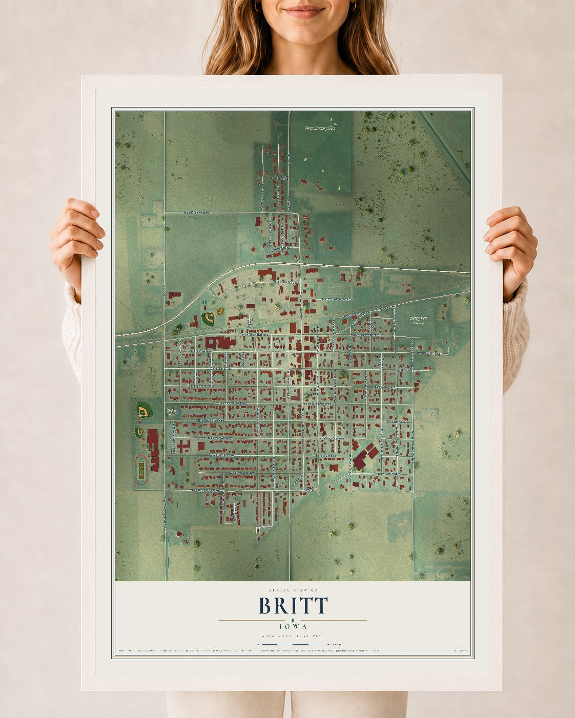 Map of Britt, Iowa, 24 x 36 inch print in a white wood frame