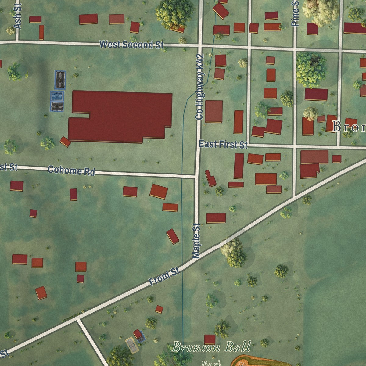 Close-up of the map of Bronson, Iowa print showing street and building detail