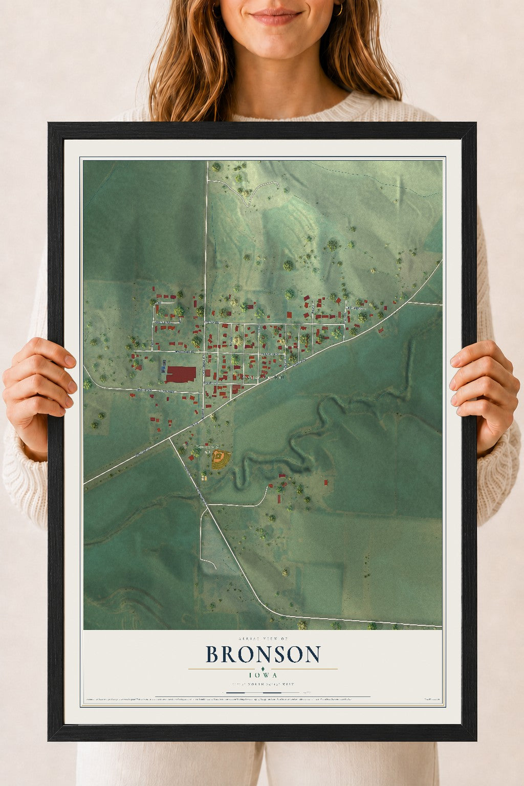 Map of Bronson, Iowa, 18 x 24 inch print in a black wood frame