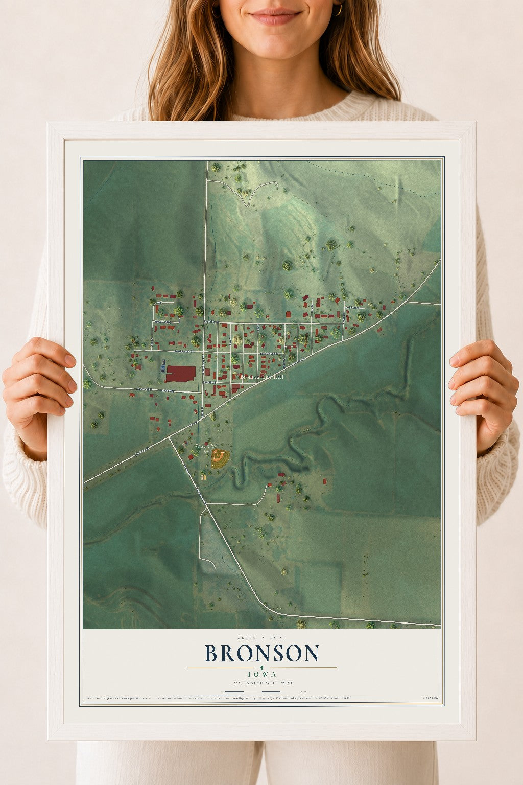Map of Bronson, Iowa, 18 x 24 inch print in a white wood frame