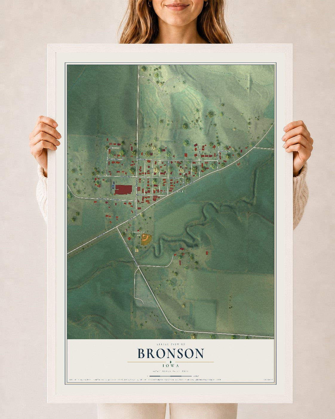 Map of Bronson, Iowa, 24 x 36 inch print in a white wood frame