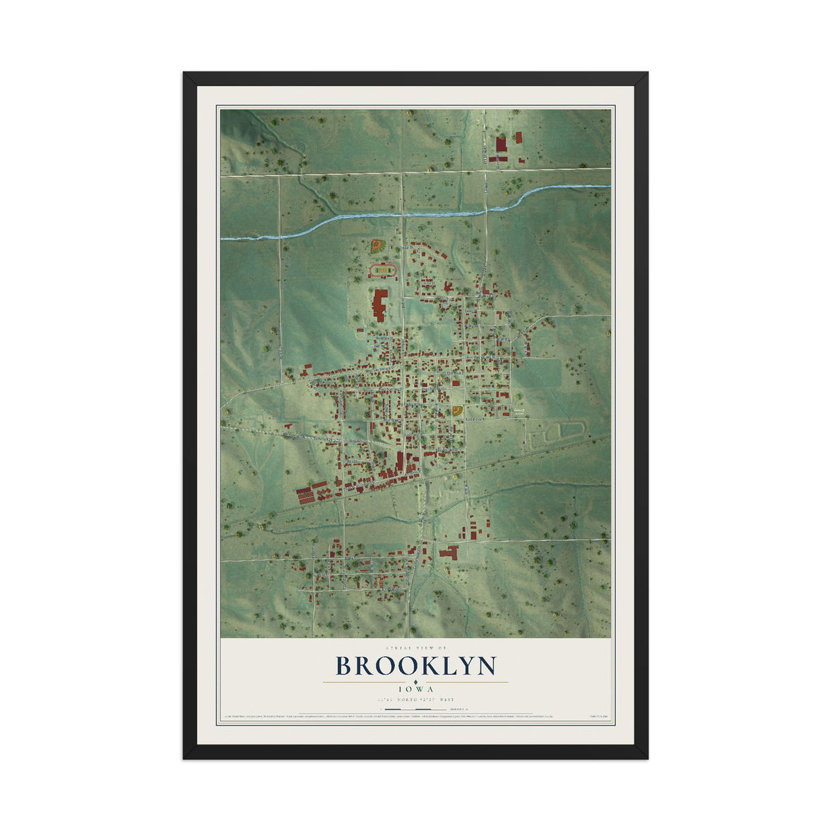 Map of Brooklyn, Iowa, 12 x 18 inch print in a black wood frame