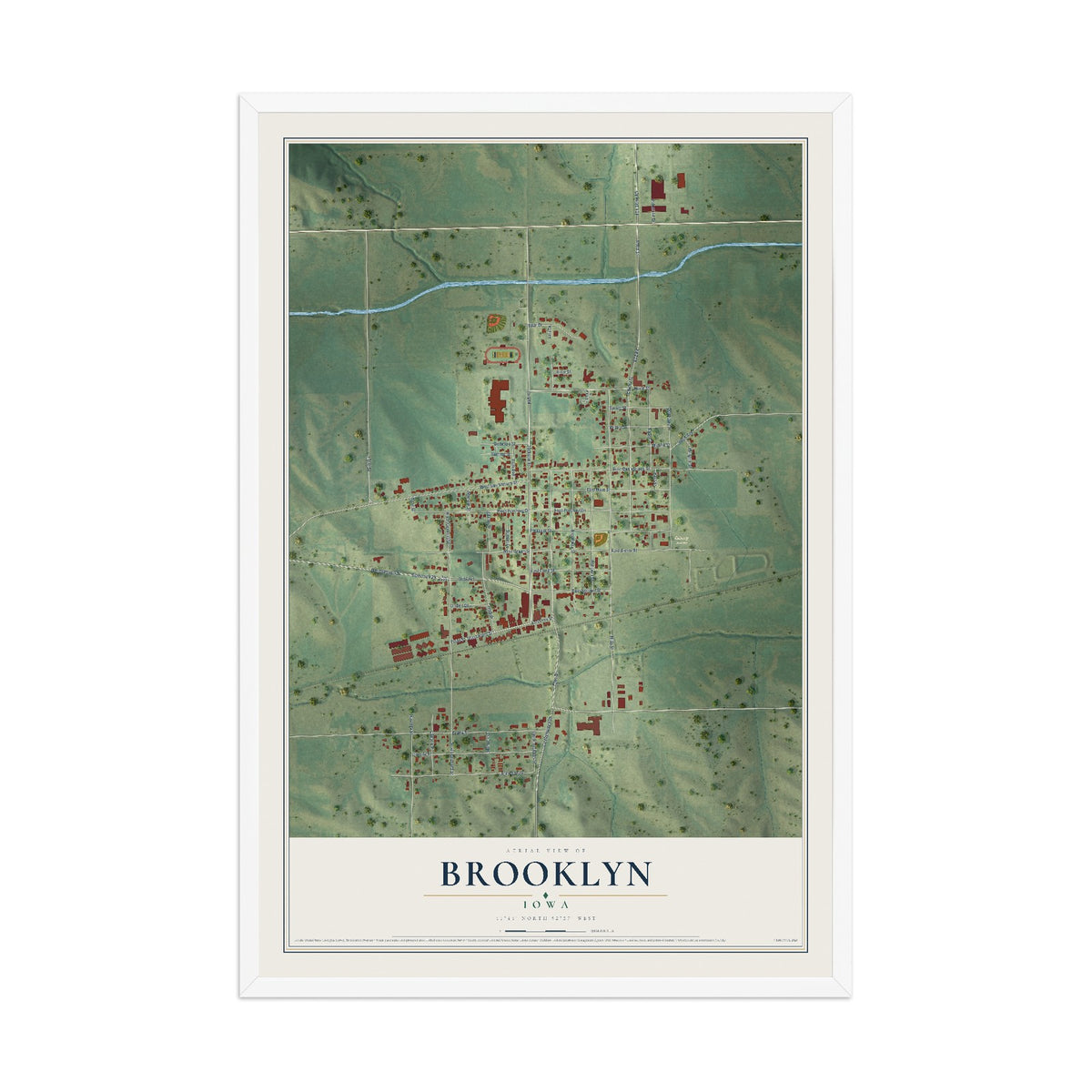 Map of Brooklyn, Iowa, 12 x 18 inch print in a white wood frame