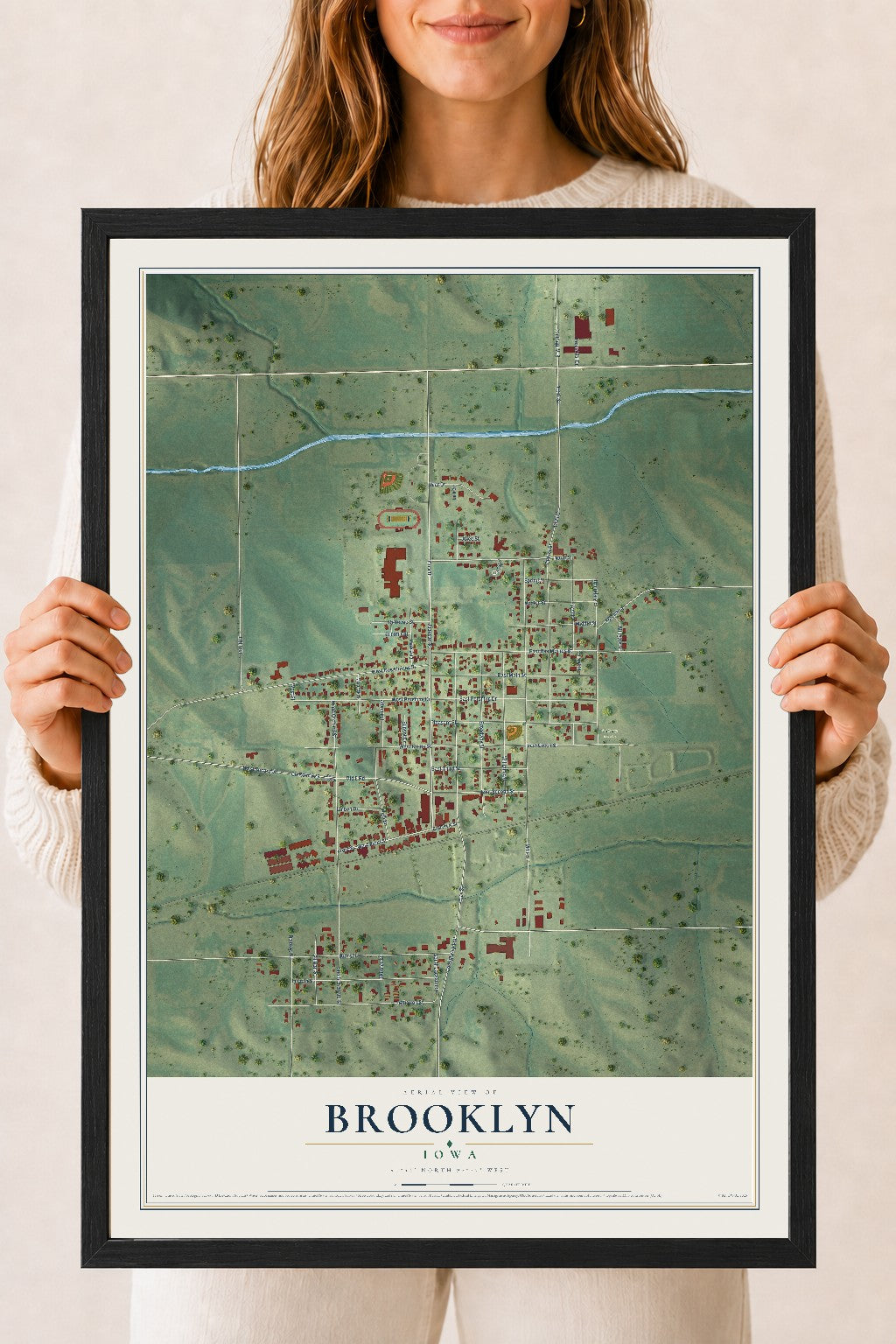 Map of Brooklyn, Iowa, 18 x 24 inch print in a black wood frame
