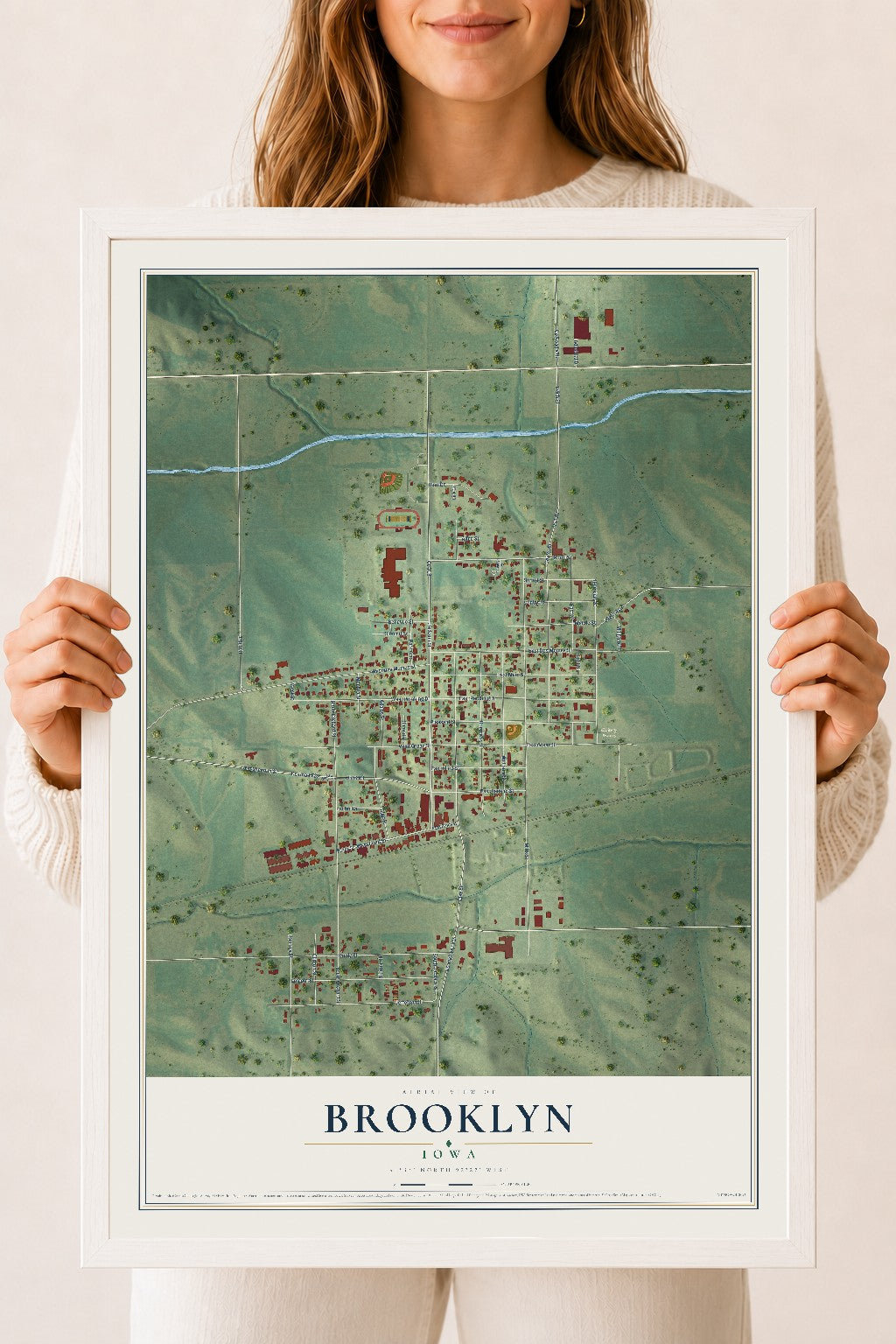 Map of Brooklyn, Iowa, 18 x 24 inch print in a white wood frame