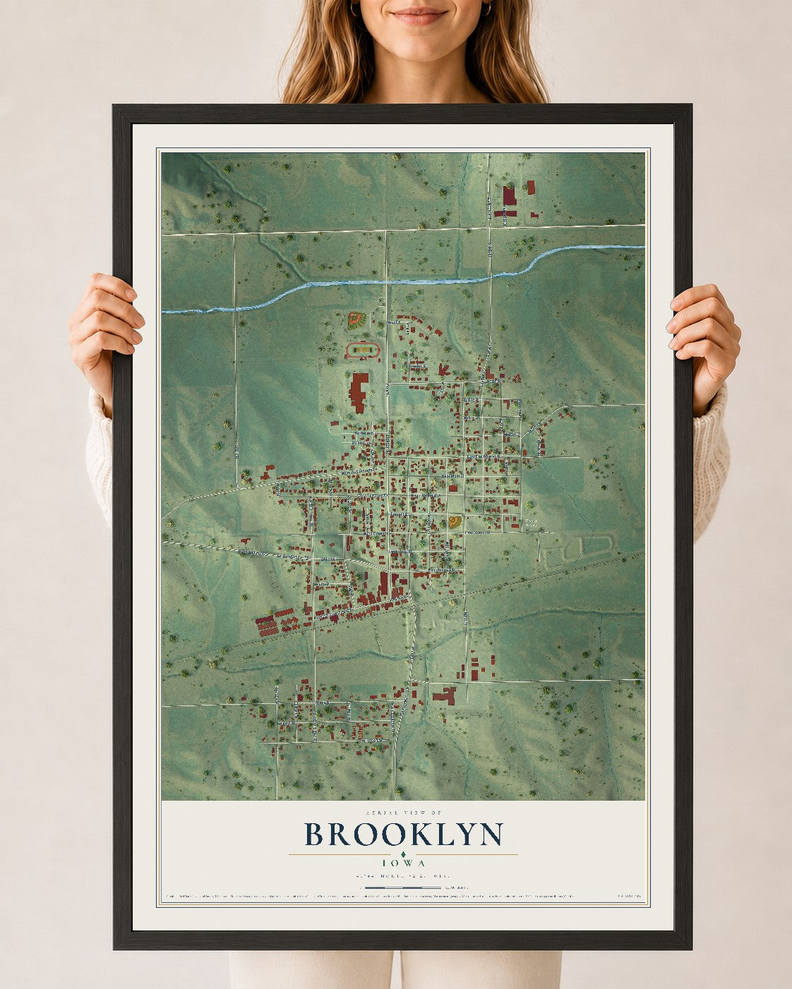Map of Brooklyn, Iowa, 24 x 36 inch print in a black wood frame
