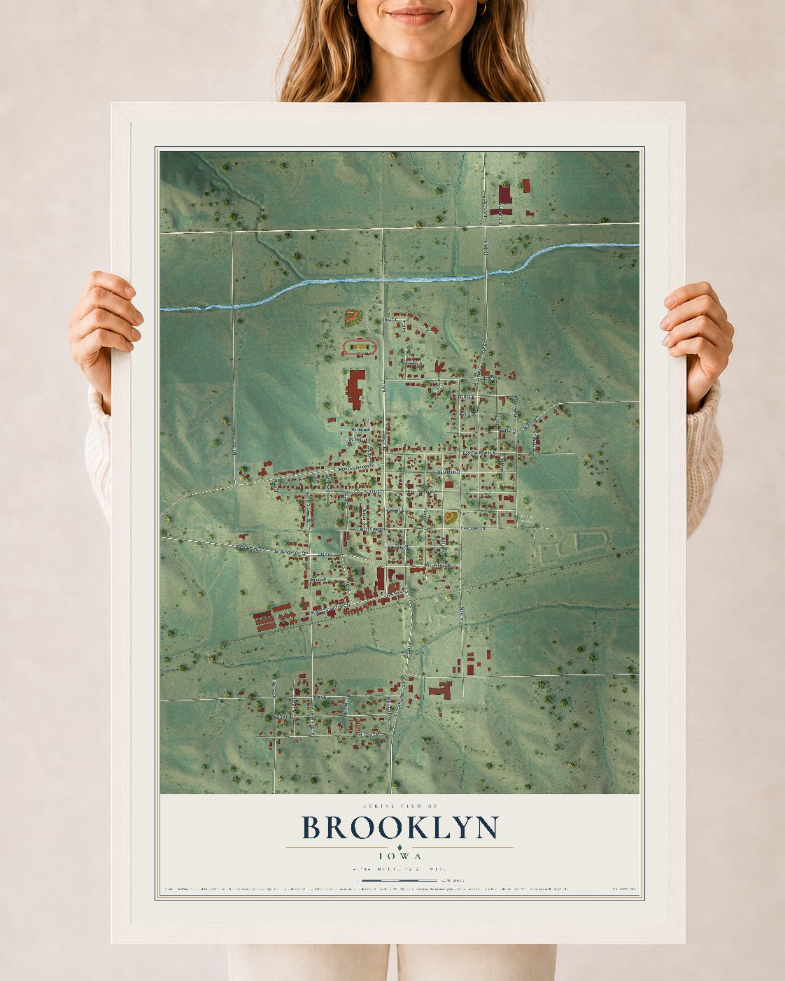 Map of Brooklyn, Iowa, 24 x 36 inch print in a white wood frame