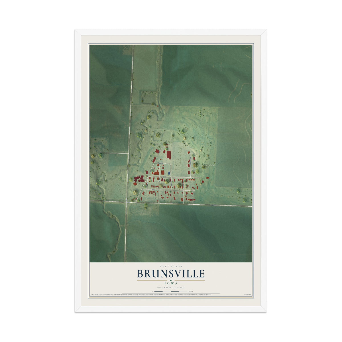 Map of Brunsville, Iowa, 12 x 18 inch print in a white wood frame