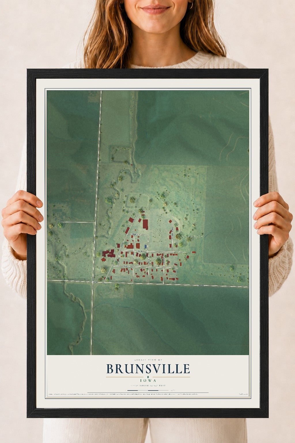 Map of Brunsville, Iowa, 18 x 24 inch print in a black wood frame