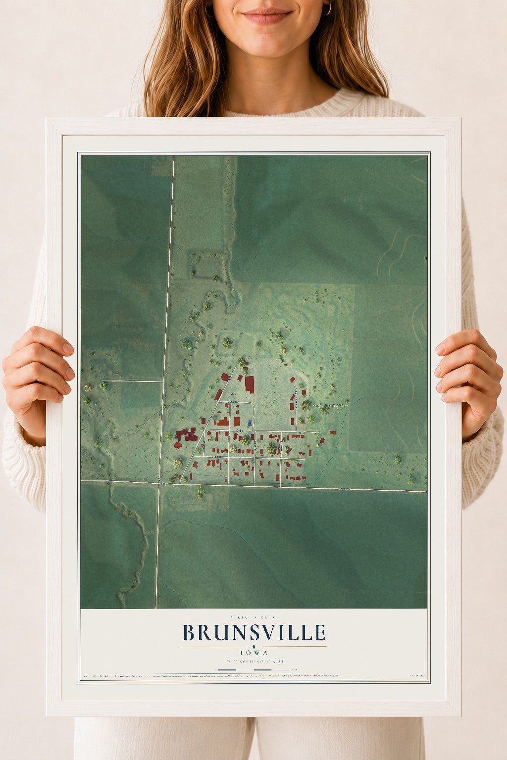 Map of Brunsville, Iowa, 18 x 24 inch print in a white wood frame