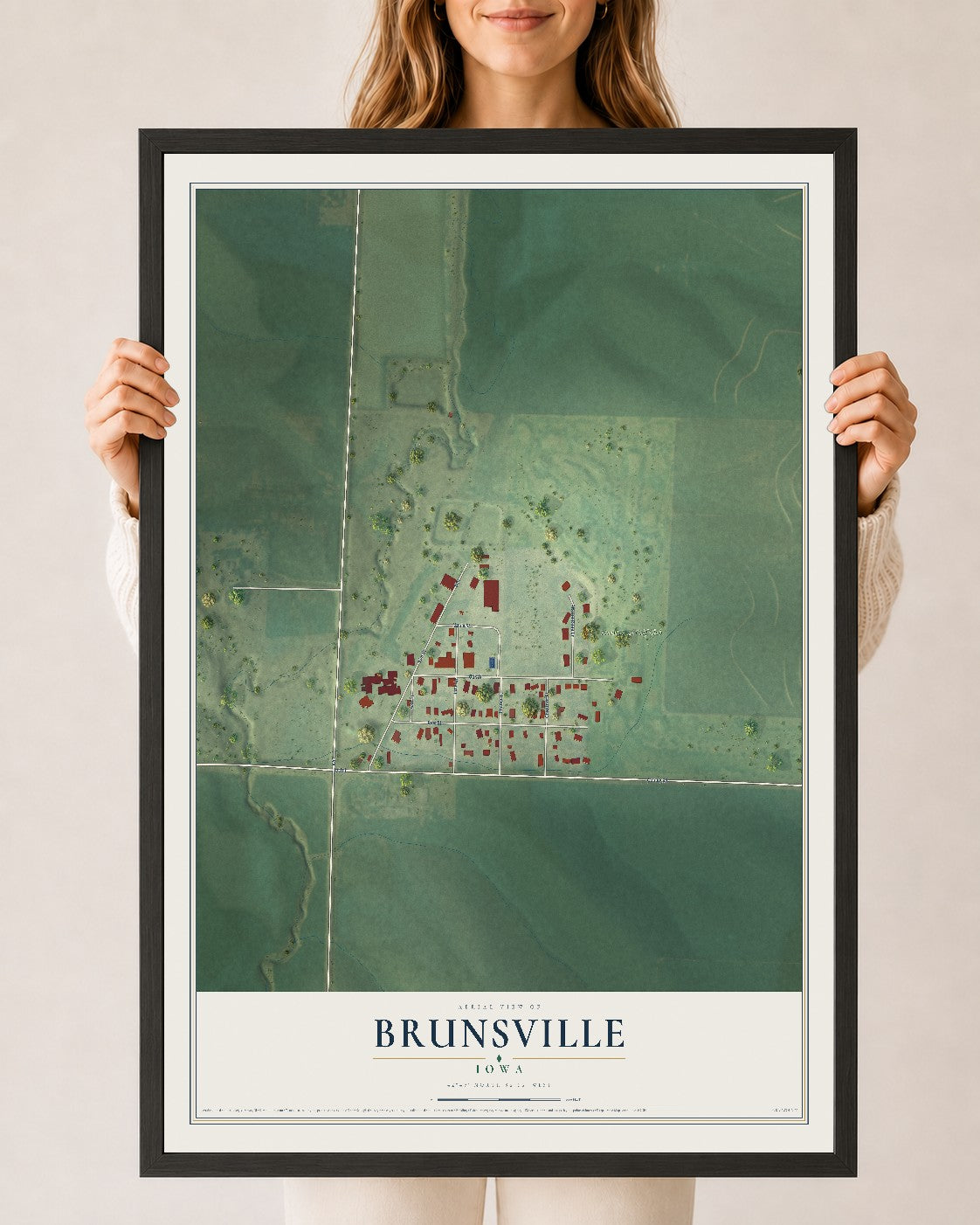Map of Brunsville, Iowa, 24 x 36 inch print in a black wood frame