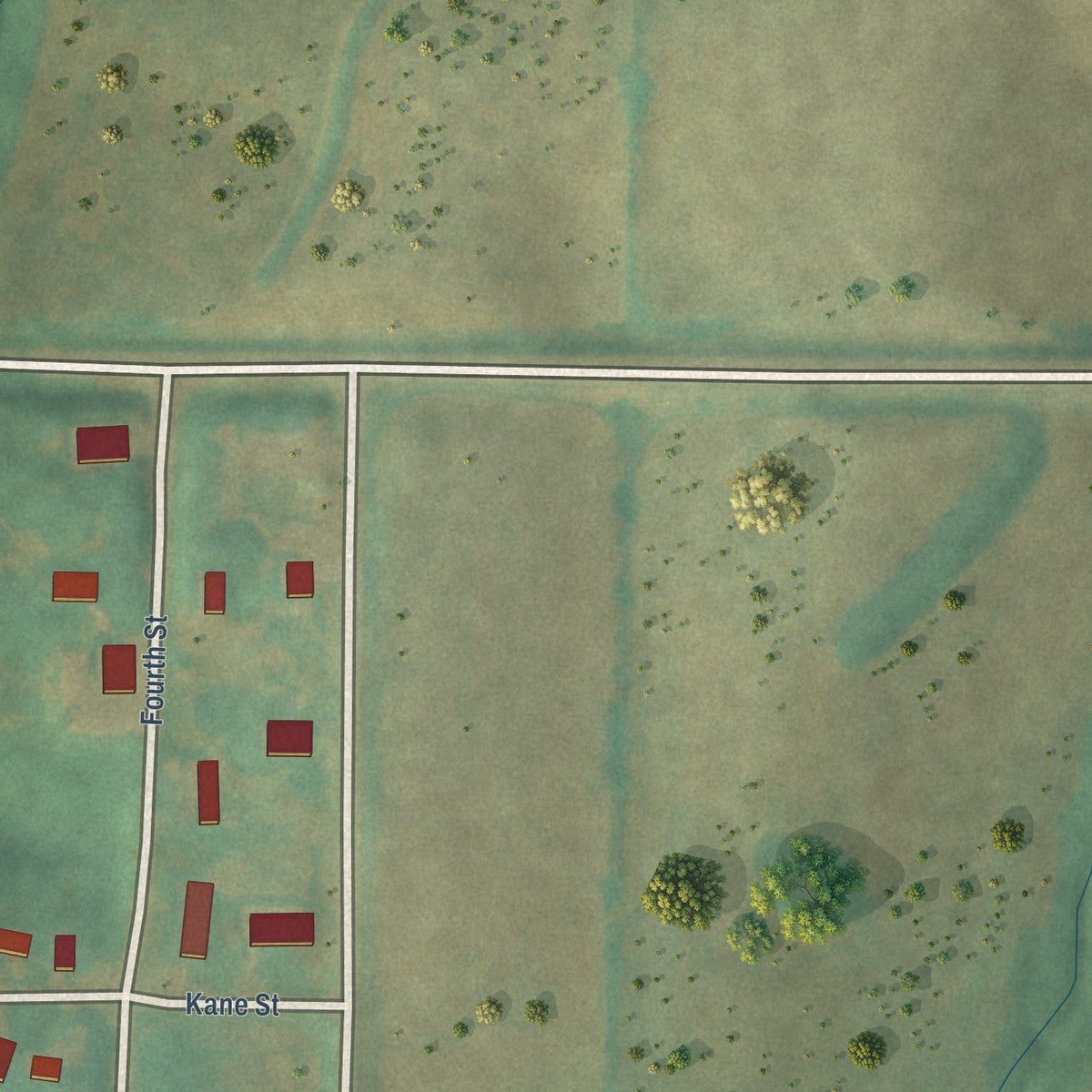 Close-up of the map of Buck Grove, Iowa print showing street and building detail