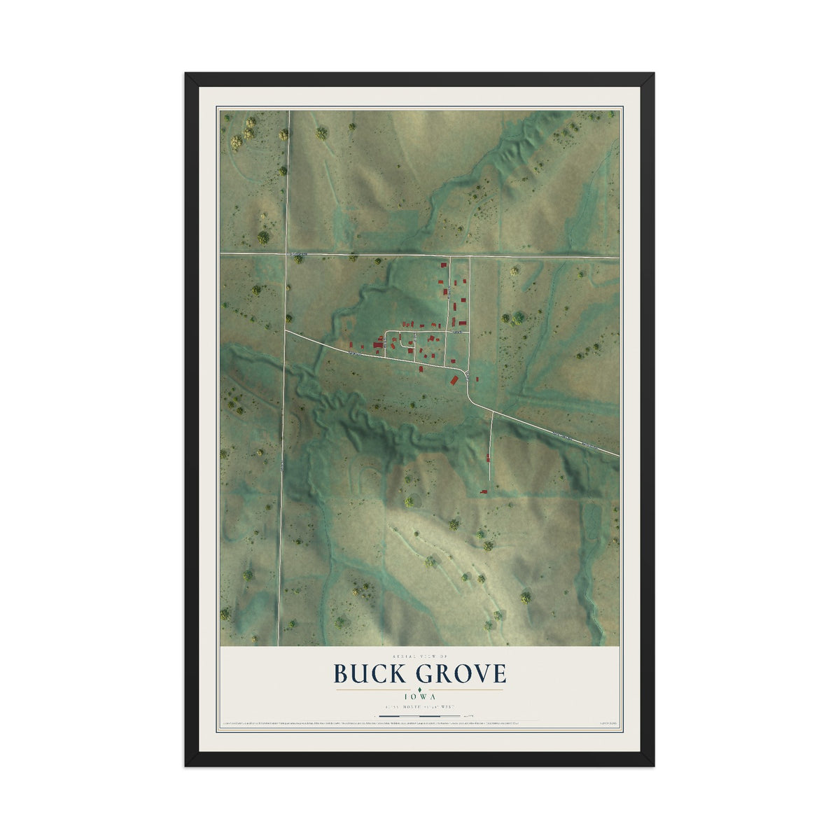 Map of Buck Grove, Iowa, 12 x 18 inch print in a black wood frame