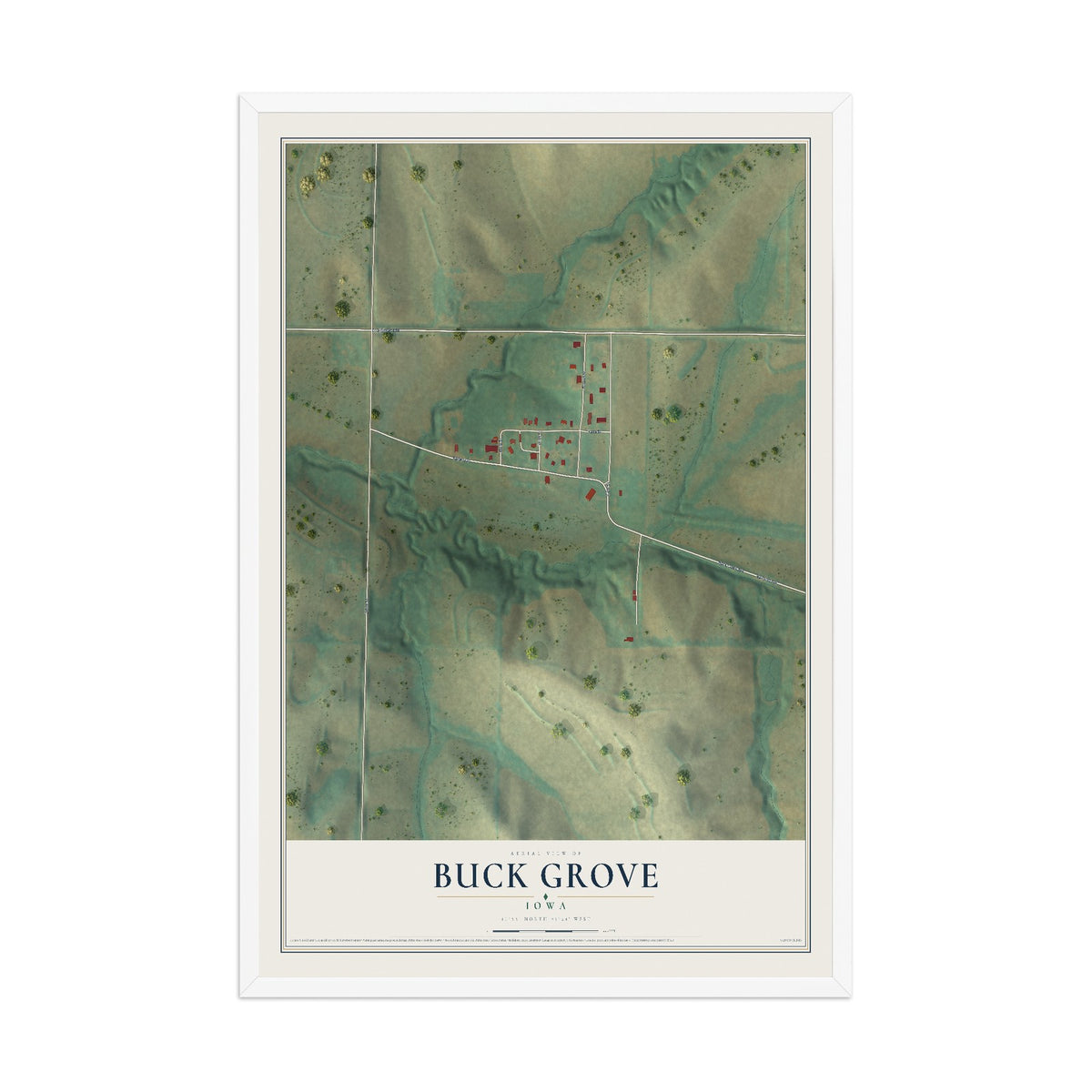 Map of Buck Grove, Iowa, 12 x 18 inch print in a white wood frame