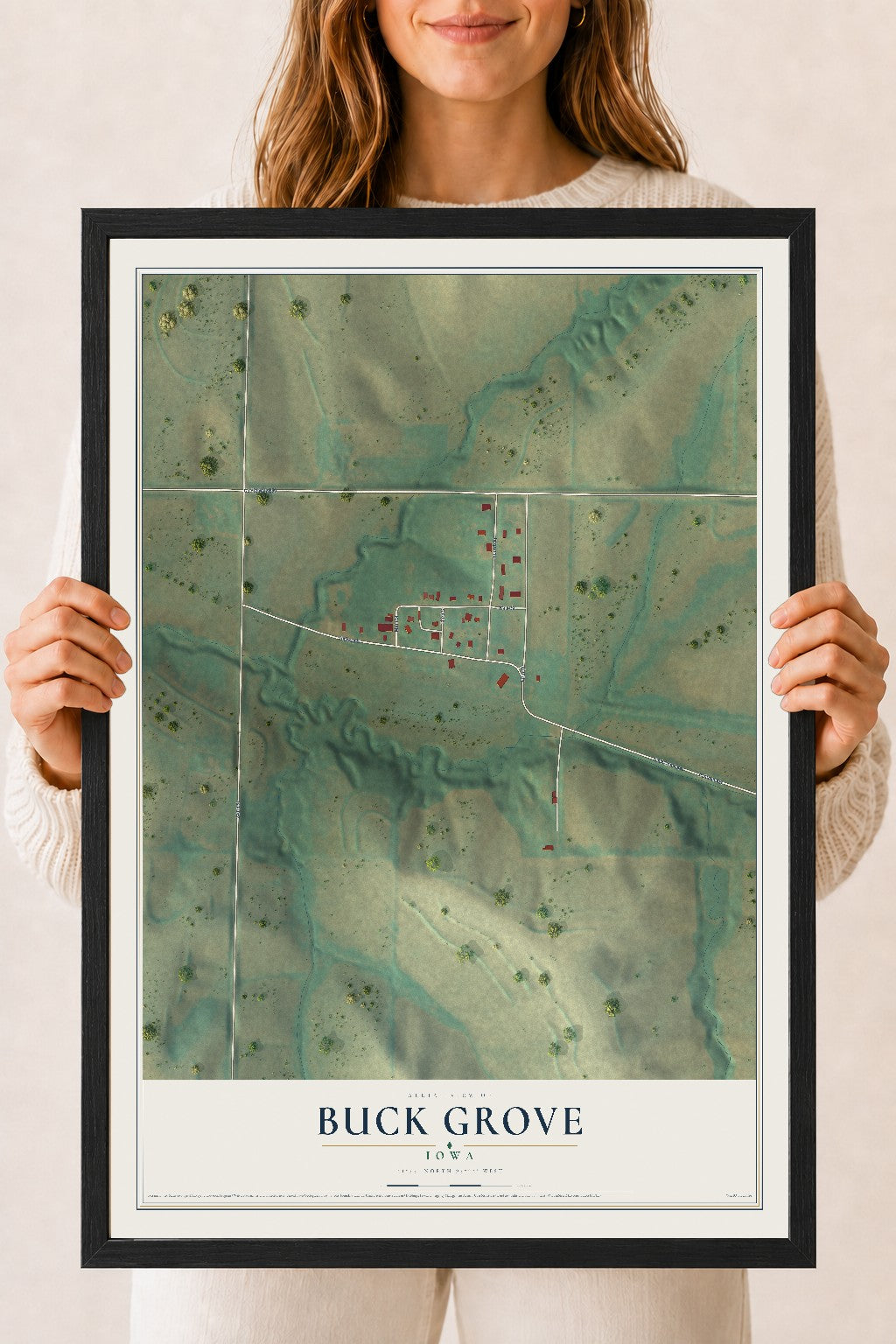 Map of Buck Grove, Iowa, 18 x 24 inch print in a black wood frame