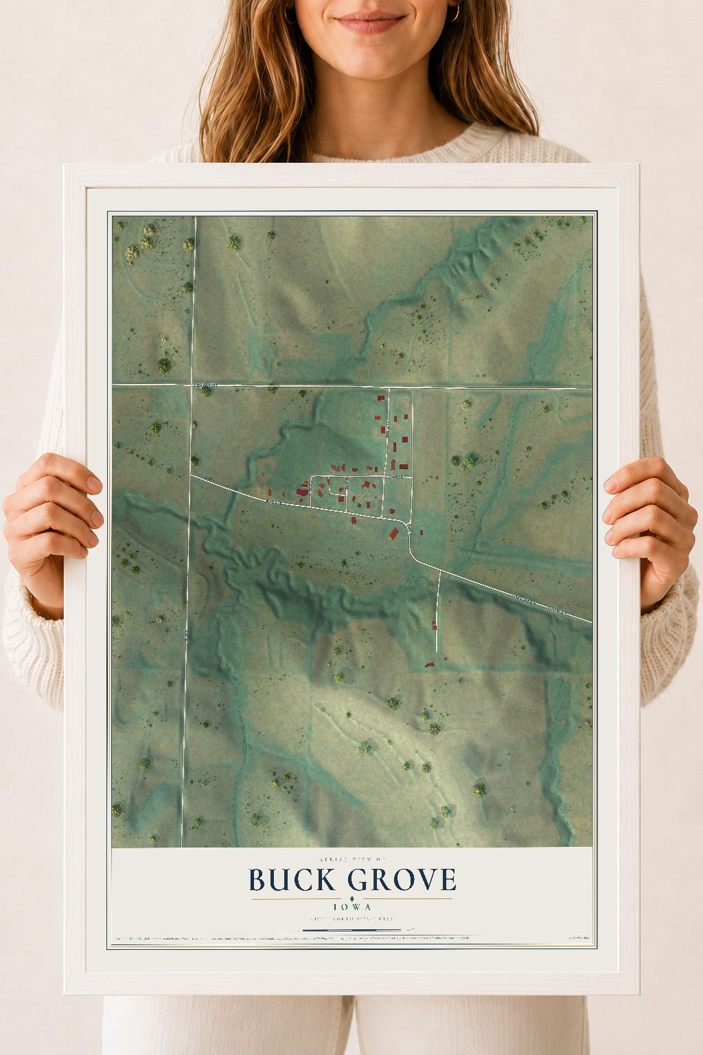 Map of Buck Grove, Iowa, 18 x 24 inch print in a white wood frame