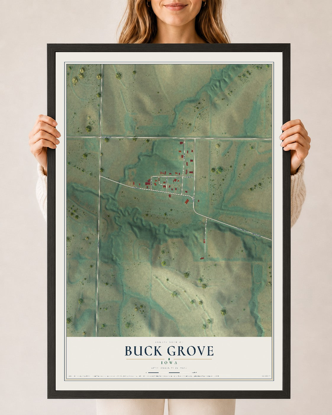 Map of Buck Grove, Iowa, 24 x 36 inch print in a black wood frame