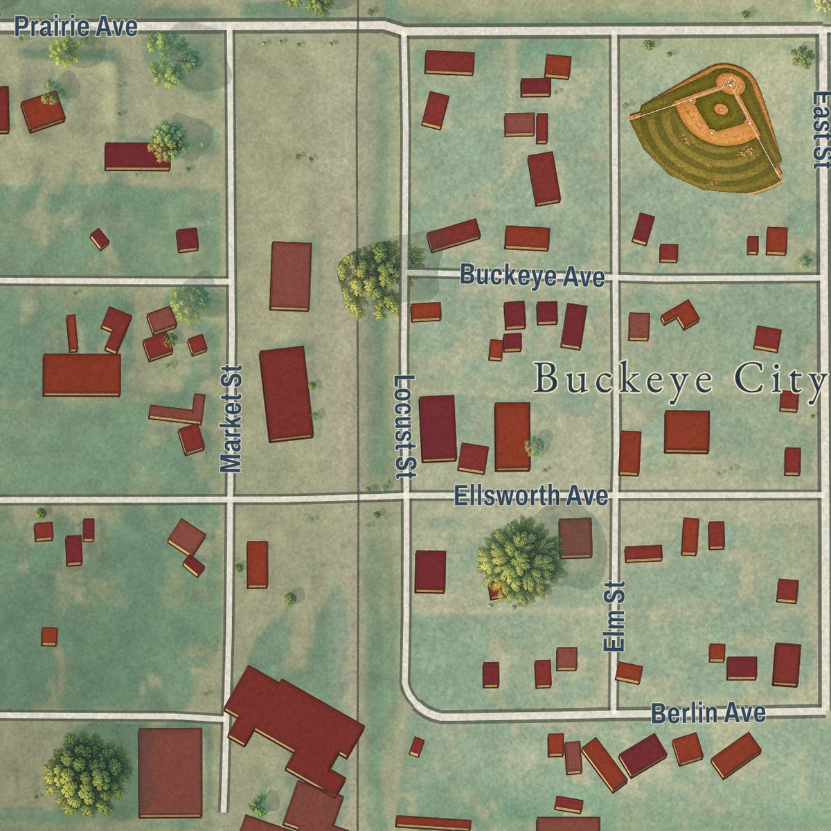 Close-up of the map of Buckeye, Iowa print showing street and building detail