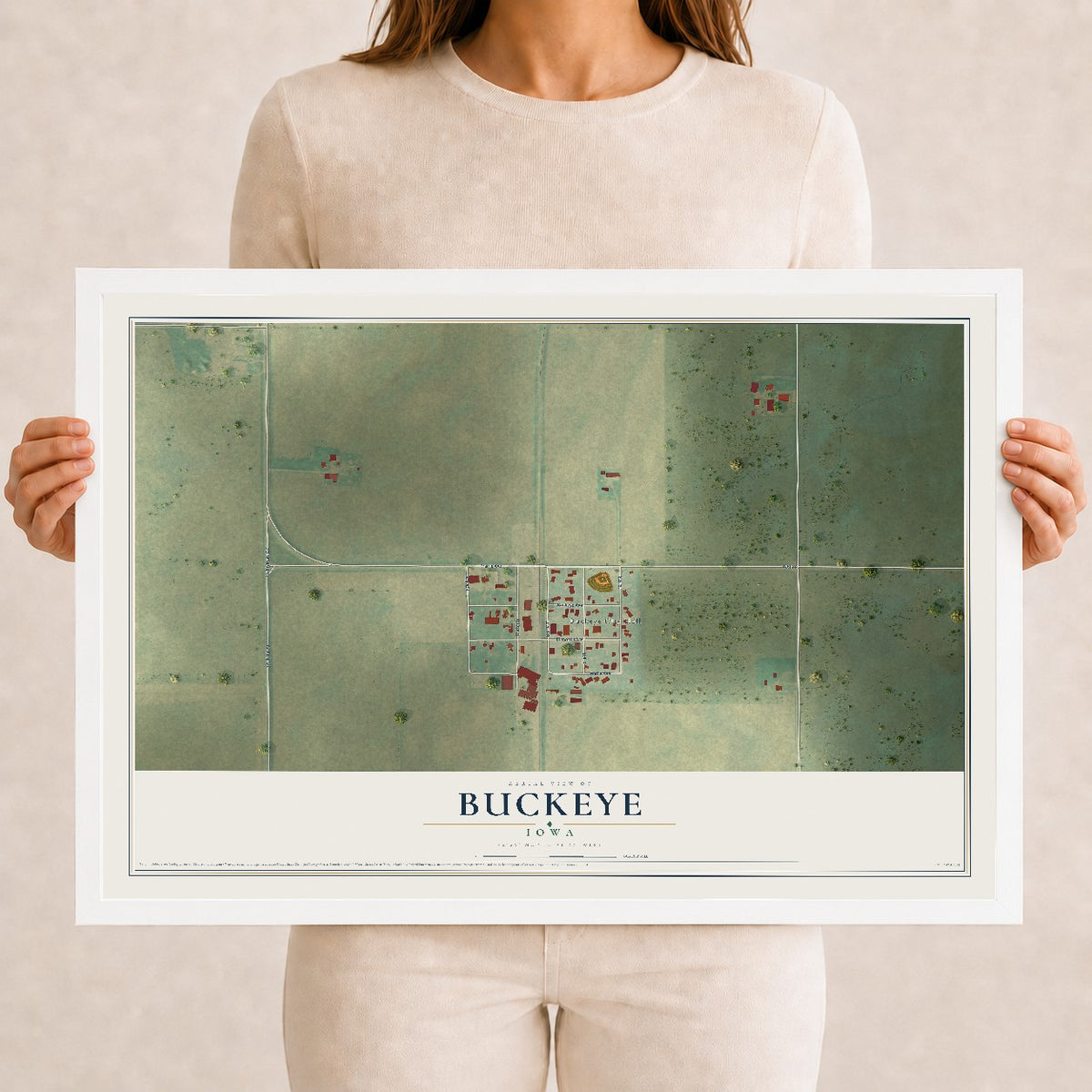 Map of Buckeye, Iowa, 12 x 18 inch print in a white wood frame