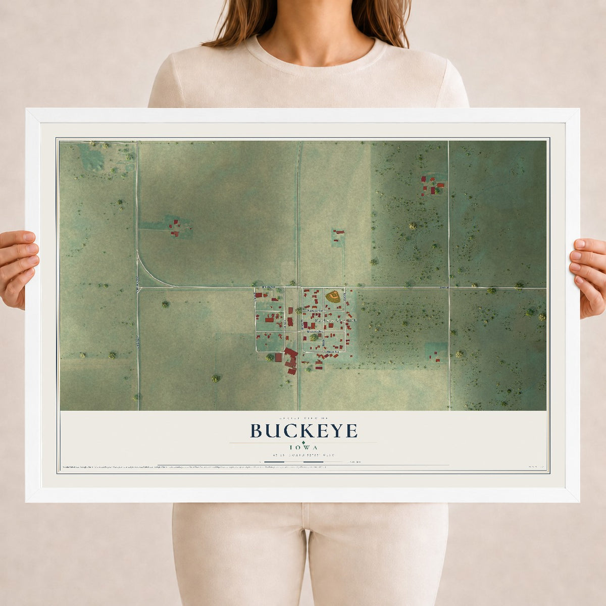 Map of Buckeye, Iowa, 18 x 24 inch print in a white wood frame