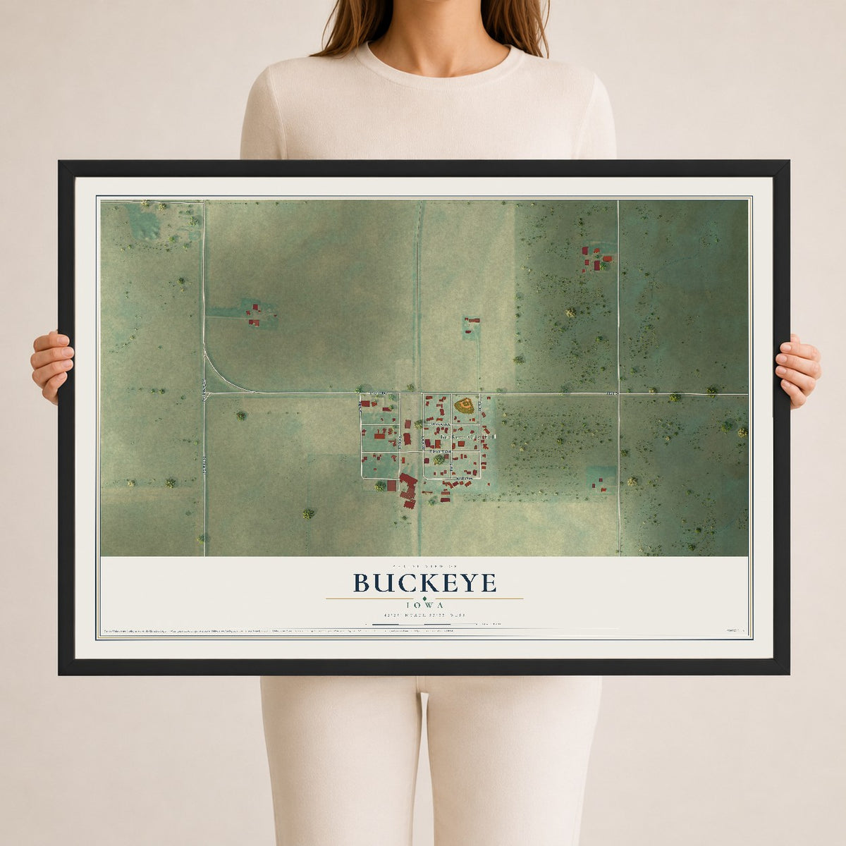 Map of Buckeye, Iowa, 24 x 36 inch print in a black wood frame